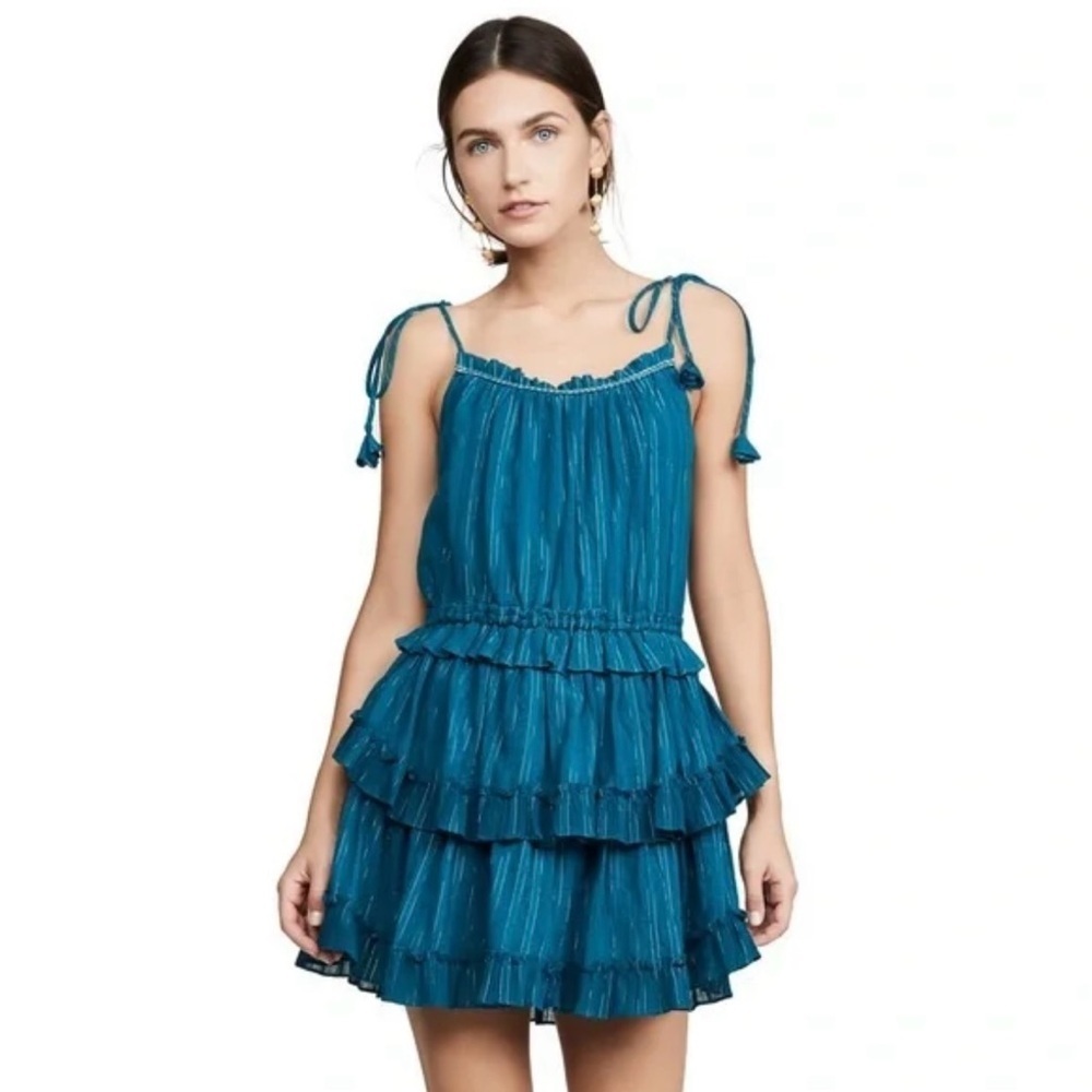 MISA Los Angeles Rosella Teal Metallic Stripe Ruffle Mini Dress Size S
